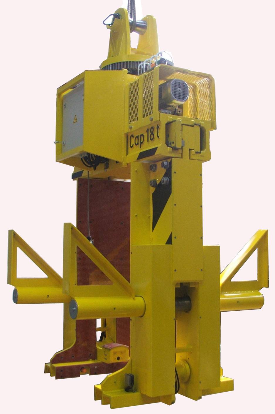 Tong for handling Coils in horizontal position or vertical Coils on palettes with Safety Device to prevent sliding of Vertical Coils from the palette
